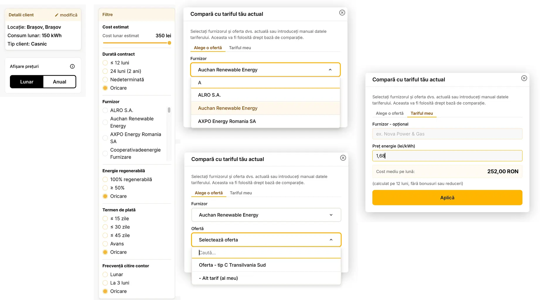 Comparare oferte: preț kWh, cost lunar, durată contract, condiții