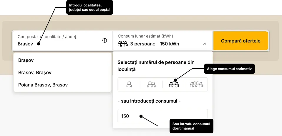 Formular căutare: cod poștal, localitate sau județ și consum lunar estimat